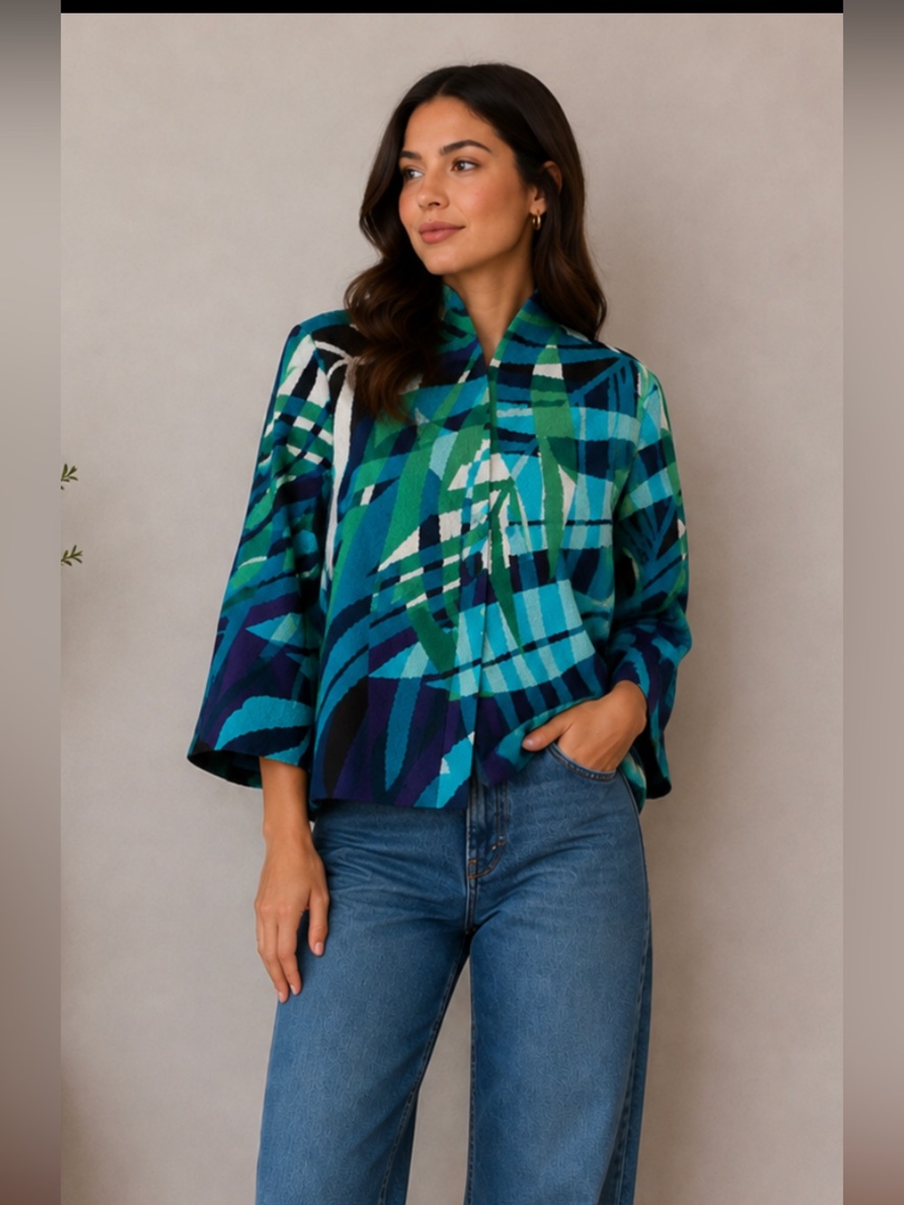 Tropical Print Open Front Jacket - Teal, Aqua, Green, Navy, Purple